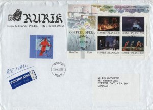 Finland 2000 Cover Sc 927 Opera Souvenir sheet, Sc 872a Skier Priority to Canada