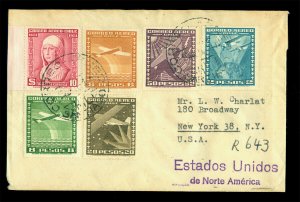 CHILE 1955 AIRMAIL High values multi-franked(50p, 20p, 8p, 6p, 2p, $10)cvr to US