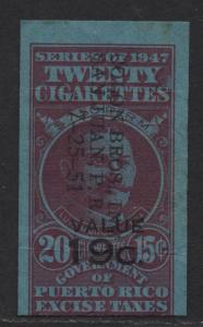 $US/Puerto Rico 1947 Cigarette Revenue 20 @ 15c, 19c o/p