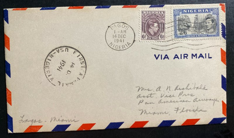 1941 Lagos Nigeria First Flight Airmail cover FFC To Miami FL USA