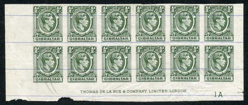 Gibraltar SG121 KGVI 1/2d Green Printers Proof IMPERF on No Wmk Blue-Lined paper