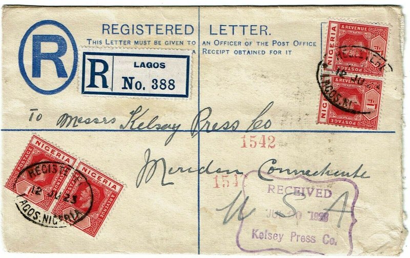 Nigeria 1923 Lagos cancel on registry envelope to the U.S.