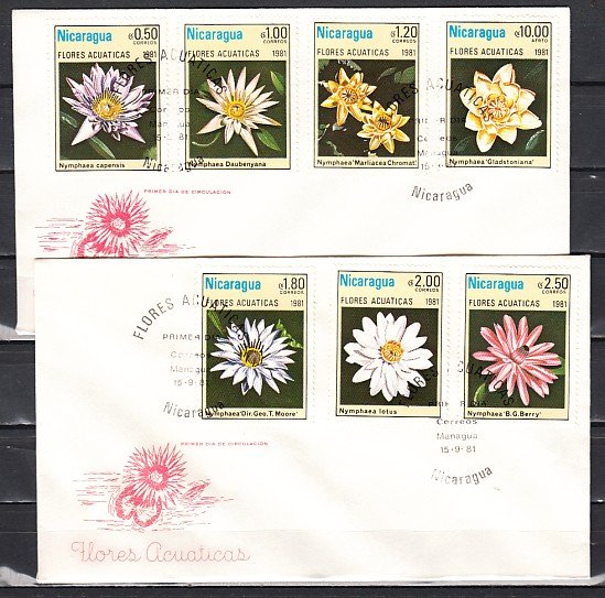 Nicaragua, Scott cat. 1114-9, C981. Aquatic Flowers issue. 2 First day covers. ^