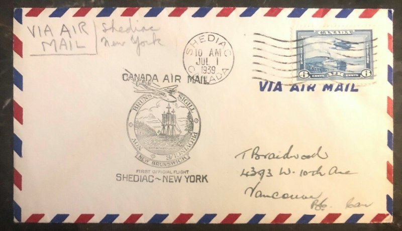 1939 Shediac Canada First Flight Airmail Cover FFC To New York USA