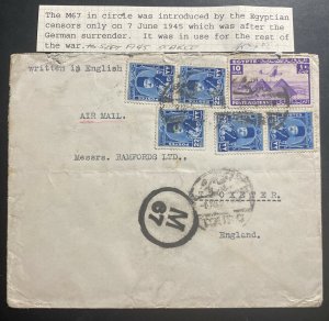 1945 Cairo Egypt Censored Airmail Cover To Uttoxeter England M67 Circle