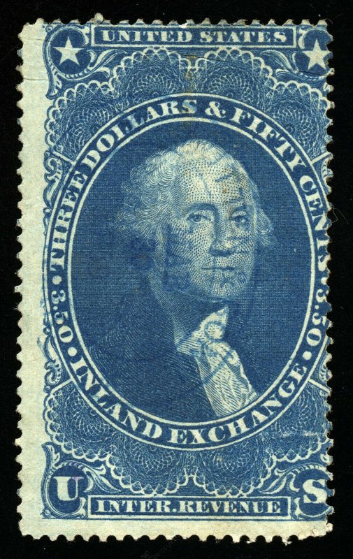 B304 U.S. Revenue Scott R87c $3.50 Inland Exchange blue, oval handstamp cancel