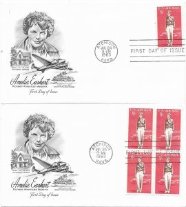 1963 Air Mail FDC, #C68, 8c Amelia Earhart, Artmaster, single / block of 4