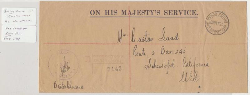 BRITISH GUIANA 1940 OHMS+ OFFICIAL PAID H/S COVER TO USA, REGISTERED