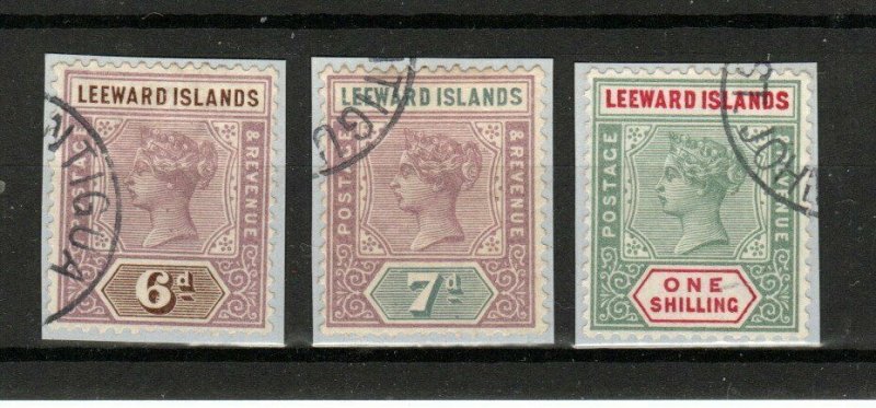 Leeward Islands 1890 6d, 7d and 1s FU CDS on piece 