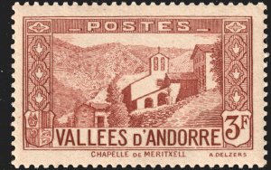 Andorra (French) #60A  MOG - 3fr red-bro Vallees d'Andorre (1940)