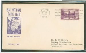 US 742 1934 3c Mount Rainier (part of the National Park series) on an addressed first day cover with a Fairways cachet.
