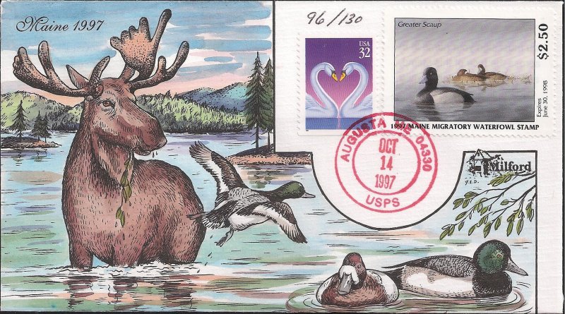 Fred Collins Hand Painted Milford Series FDC for Maine 1997 Waterfowl Stamp