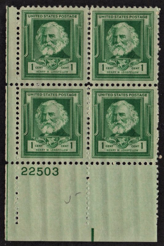 SC#864 1¢ Henry Wadsworth Longfellow Plate Block: LL #22503 (1940) MNH