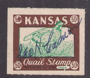 KANSAS QUAIL STAMP: 1953 USED scarce stamp SE at L VF! Wooton 17