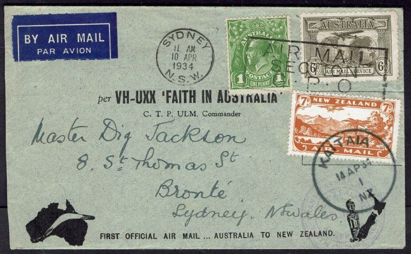 AUSTRALIA NEW ZEALAND 1934 KGV FIRST OFFICIAL AIRMAIL COVER