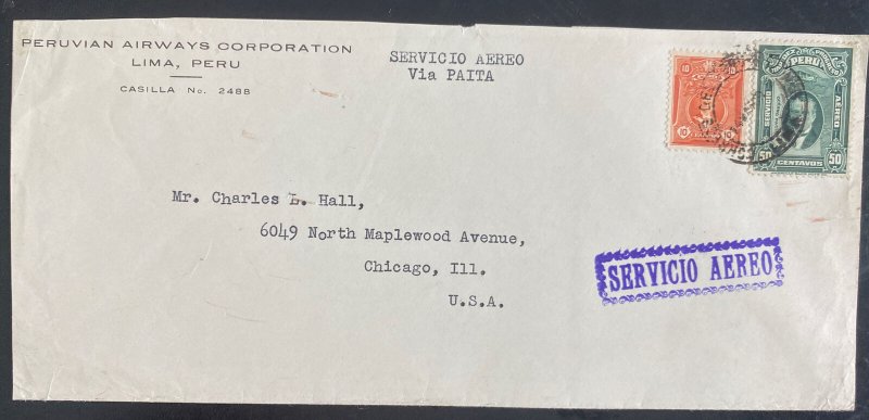 1929 Lima Peru Canadian Early Airmail Cover To Chicago IL Usa Peruvian Airways