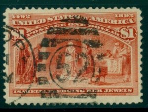 US #241 $1.00 Columbian, used, rich color and XF, MILLER cert Scott $600.00