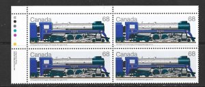 CANADA - 1986 CANADIAN LOCOMOTIVES UPPER LEFT PLATE BLOCK - SCOTT 1121 - MNH
