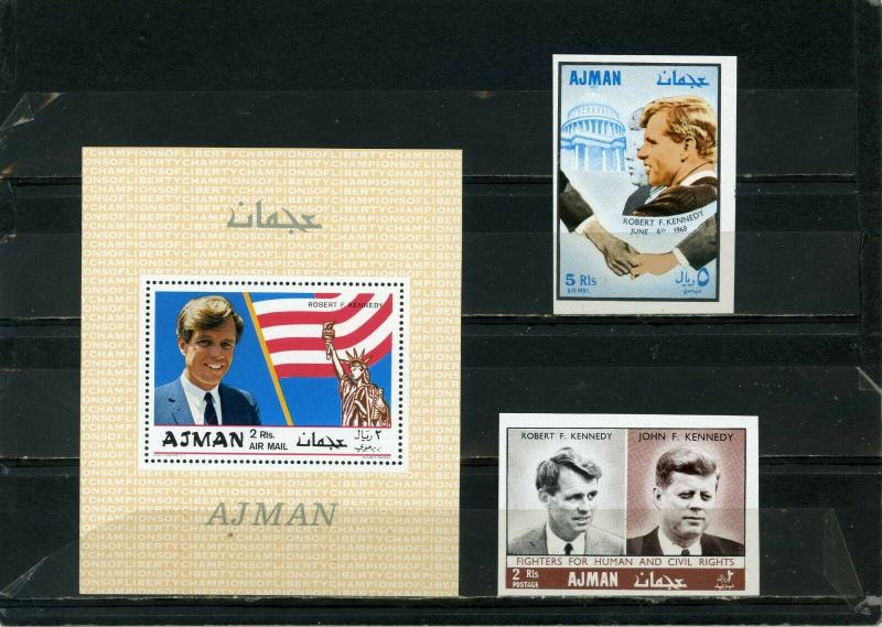 AJMAN 1968-1969 FAMOUS PEOPLE BROTHERS KENNEDY SET OF 2 STAMPS IMPERF. & S/S MNH