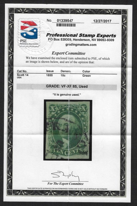 U.S. #14 Used 10c Washington Imperf (1855) - PSE Certificate w/ 85 grade