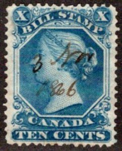 van Dam FB27, 10c blue, Used, p.13.5, 1865 Bill Stamp, Canada Revenue