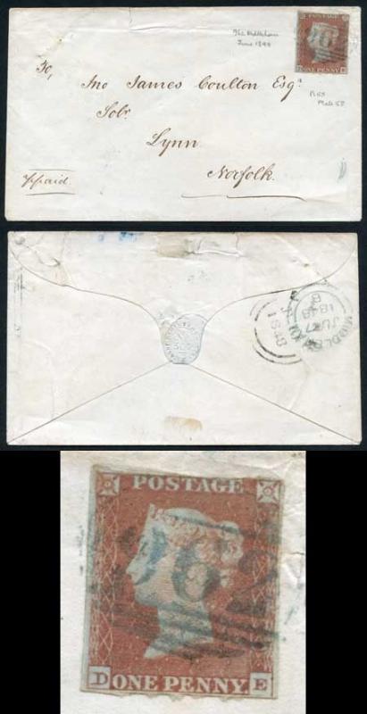 1841 Penny Red (DE) 962 MIDDLEHAM Postmark in Blue Cat £750