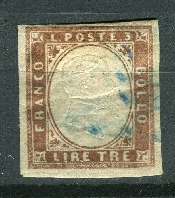 ITALY; SARDINIA 1855 Scarce classic Imperf issue used SHADE of 3L. value