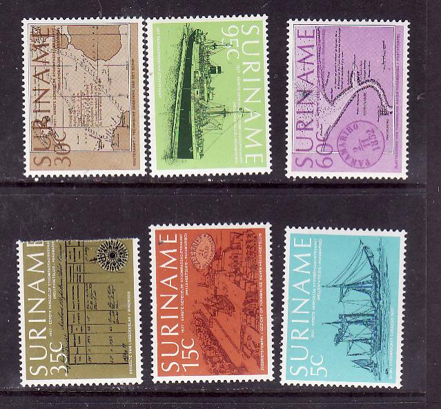 Suriname-Sc#478-83-unused NH set-Ships-Steamer Connections-35c stamp is damaged