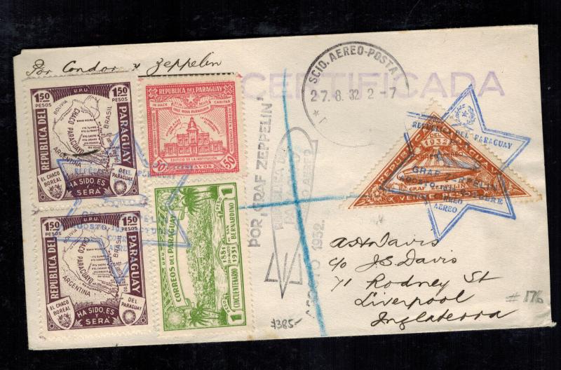 1932 Paraguay Graf Zeppelin Cover to Liverpool England  LZ 127 Star of David