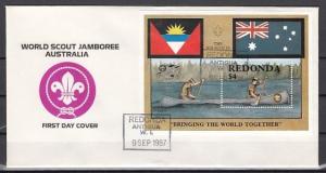 Redonda-Antigua, 1987 issue. Scout Jamboree s/sheet. First day cover.