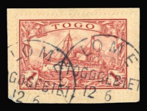 German Colonies, Togo #16 Cat$50, 1900 1m carmine, used on piece, signed Steuer