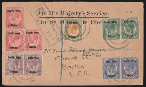 SOUTH WEST AFRICA 1923 Registered cover franked setting I KGV. To USA.