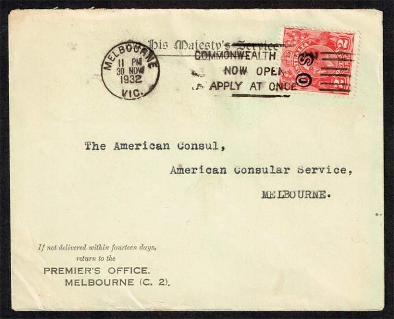 Australia #O3 or O8 on cover to American Consul