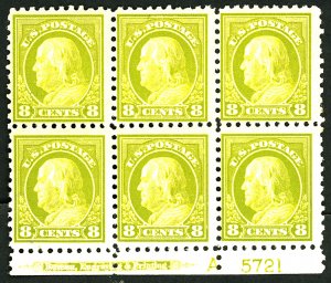 U.S. #431 MINT PL# BLOCK OF 6 OG LH