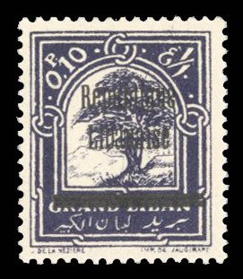 Lebanon #72a Cat$37.50, 1927 .10p dark violet, black overprint, lightly hinged