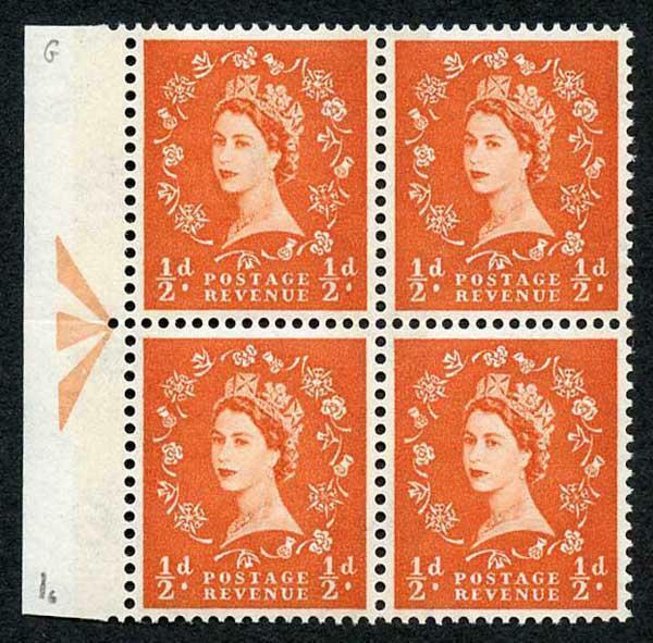 S9 1/2d Orange Crowns Wmk U/M Arrow Block 4 Green Phosphor