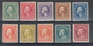 US Sc 498/512 MNH. 1917-1919 Washington-Franklins, 10 diff Flat Plate Printings