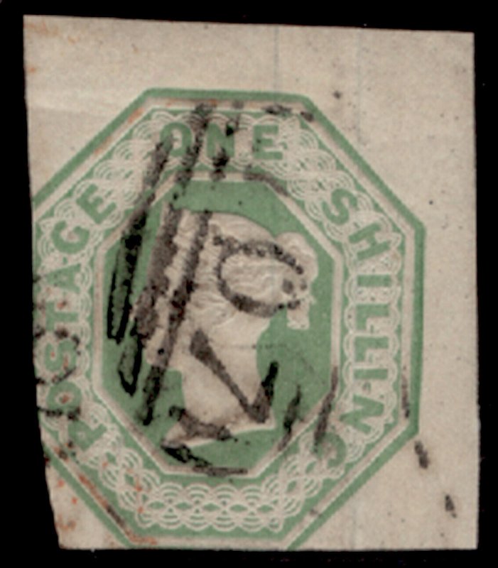 GB QV SG54, SCARCE 1s pale green CUT SQUARE, USED. Cat £1000.