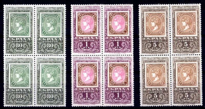 SPAIN 1965 Sc#1327/1329 CENTENARY 1st.SPANISH PERFORATED STAMPS Block of 4 MNH