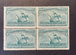 *3-cent Columbian, mint block of 4, US Stamp #232, top 2 stamps hinged