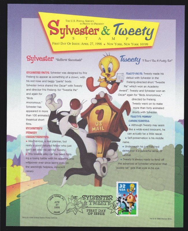 US 3204-3205 & FDI Sylvester and Tweety Souvenir Sheet w/Cancel Mint NH