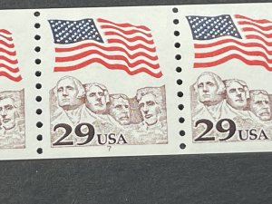 U.S.# 2523-MINT/NH--PLATE # COIL STRIP OF 5-(P#7)-FLAG & MT RUSHMORE--1991