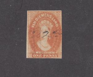 TASMANIA # 11a IMPERF 1p QUEEN VICTORIA LIGHT USED CAT VALUE $52