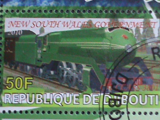 DJIBOUTI-2010 WORLD FAMOUS LOCO MOTIVE TRAINS CTO SHEET VF-WITH FANCY CANCEL