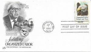 1980 FDC, #1831, 15c Organized Labor, Art Craft/PCS & Art Craft