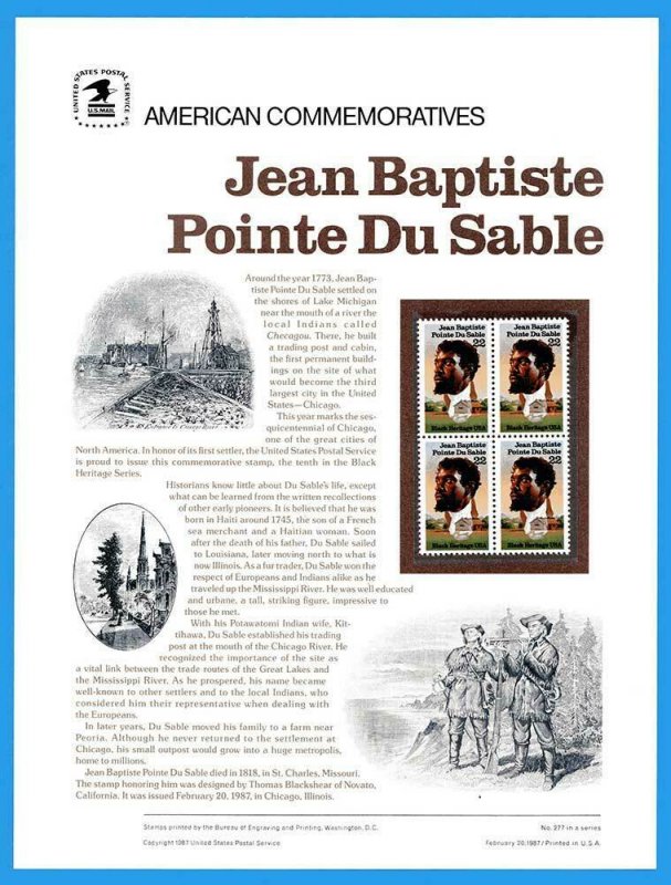 USPS COMMEMORATIVE PANEL #277 JEAN BAPTISTE POINTE DU SABLE #2249