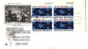 US FIRST DAY COVER EMANCIPATION DECLARATION SCOTT 1233 BLOCK OF FOUR 1963