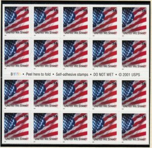 2001 Flag United We Stand Sc 3549a booklet 34c pane of 20 plate number B1111