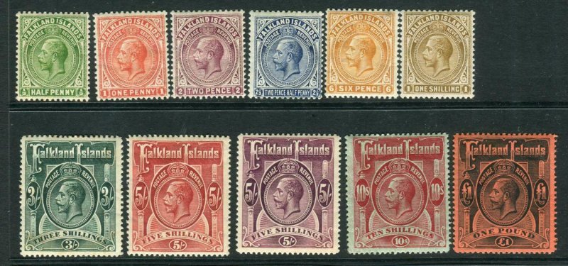 FALKLAND ISLANDS-1912-20  A lightly mounted mint set to £1  Sg 60-69 Inc 67b