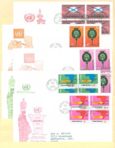 United Nations 227/236-37/240-41 1972-73 Non-Proliferation drug abuse, Namibia FDCs, artmaster cachets; 5 different blocks of 4